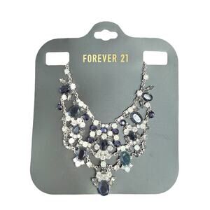 Forever 21 Silver Tone Dark Blue Rhinestone Statement Necklace NWT